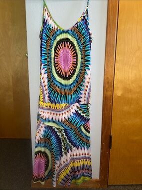 Sleeveless Multicolor Midi Dress with Pink and Teal Sunburst Print by Lascana